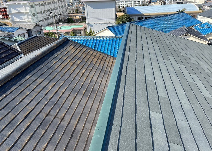 朝来市　台風被害で飛散した片棟板金を交換した後の様子