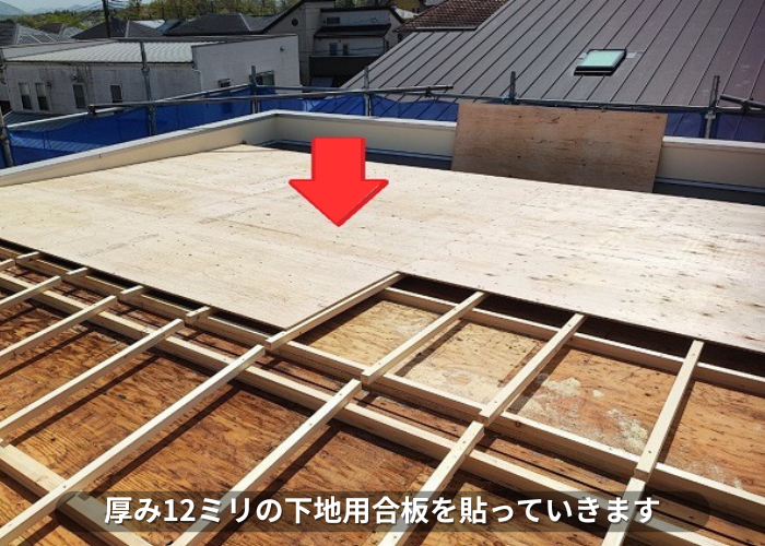 丹波篠山市　厚み12ミリの下地用合板を貼っている様子