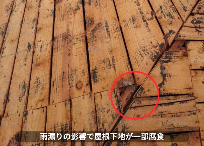 朝来市　雨漏りの影響で瓦屋根の屋根下地が一部腐食している様子