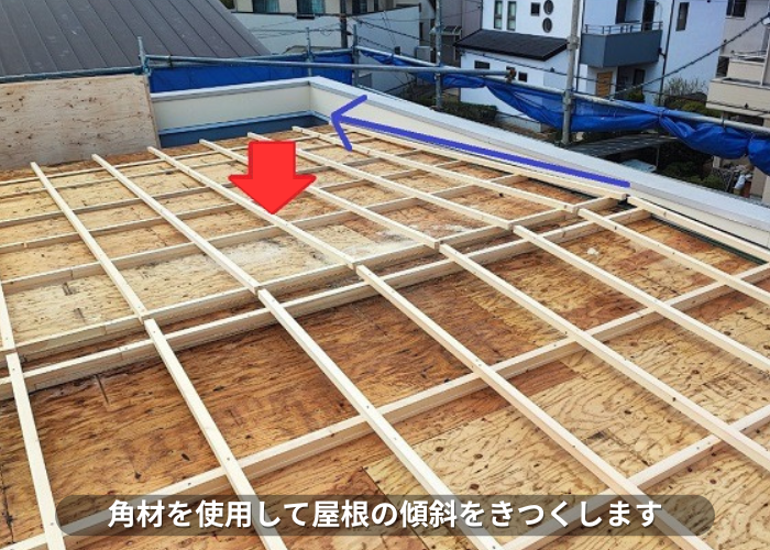 丹波篠山市　屋根葺き替え工事で角材を使用して屋根の傾斜を変えている様子