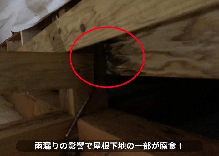 丹波篠山市　雨漏りの影響で屋根下地の一部が腐食している様子
