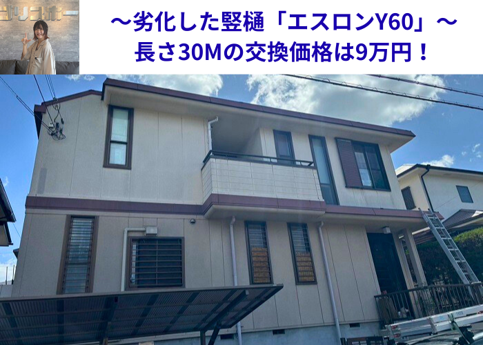 丹波篠山市　劣化した竪樋エスロンY６０を交換する現場の様子