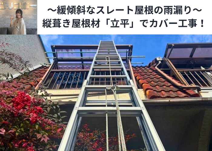 丹波篠山市　雨漏りしている緩傾斜なスレート屋根へ縦葺き屋根材立平を用いてカバー工事した現場の様子