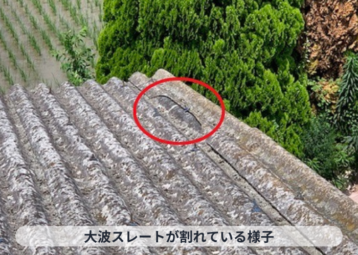 丹波篠山市　大波スレートが割れている様子